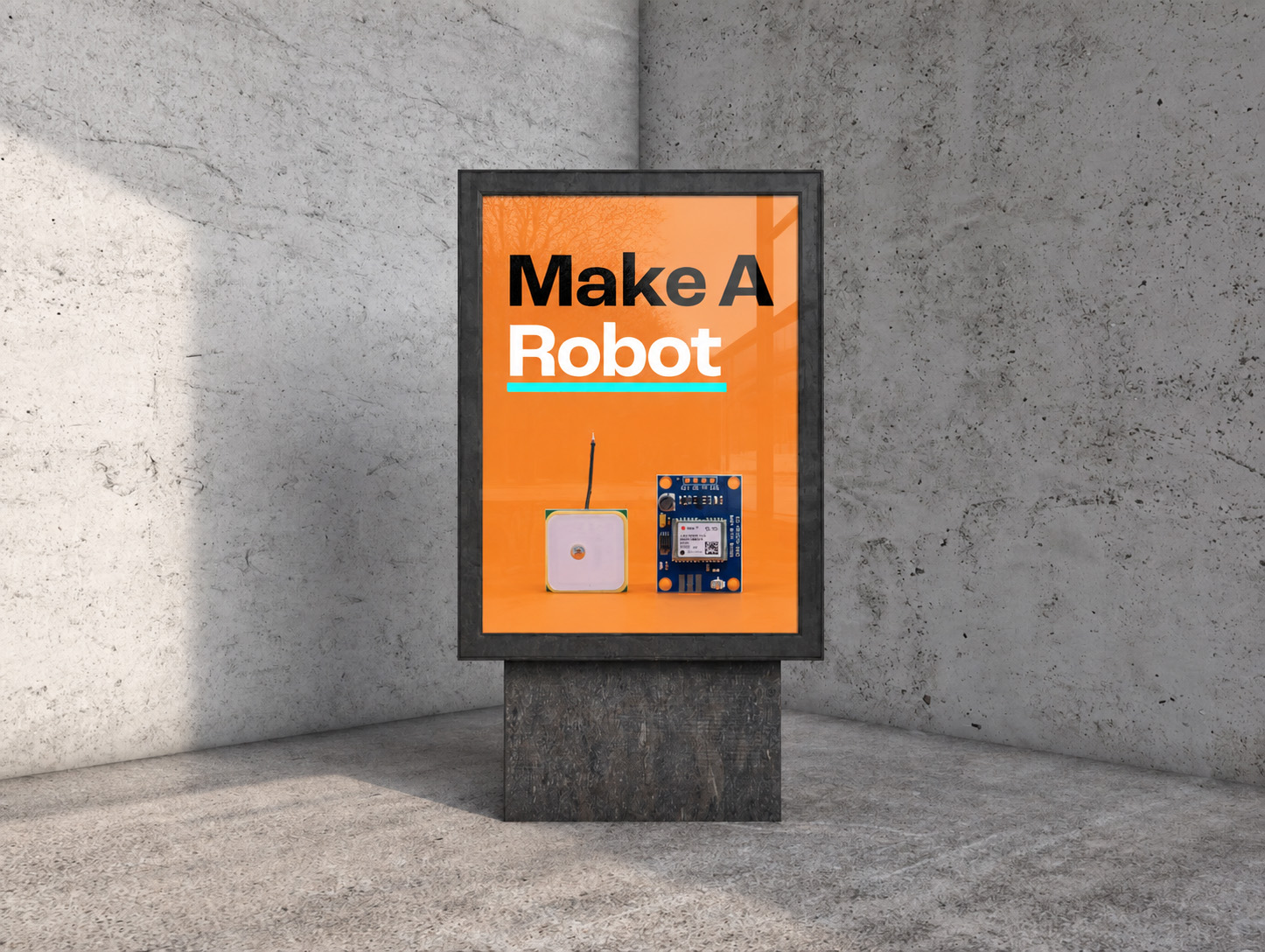 'Make A Robot' poster mockup on an orange background